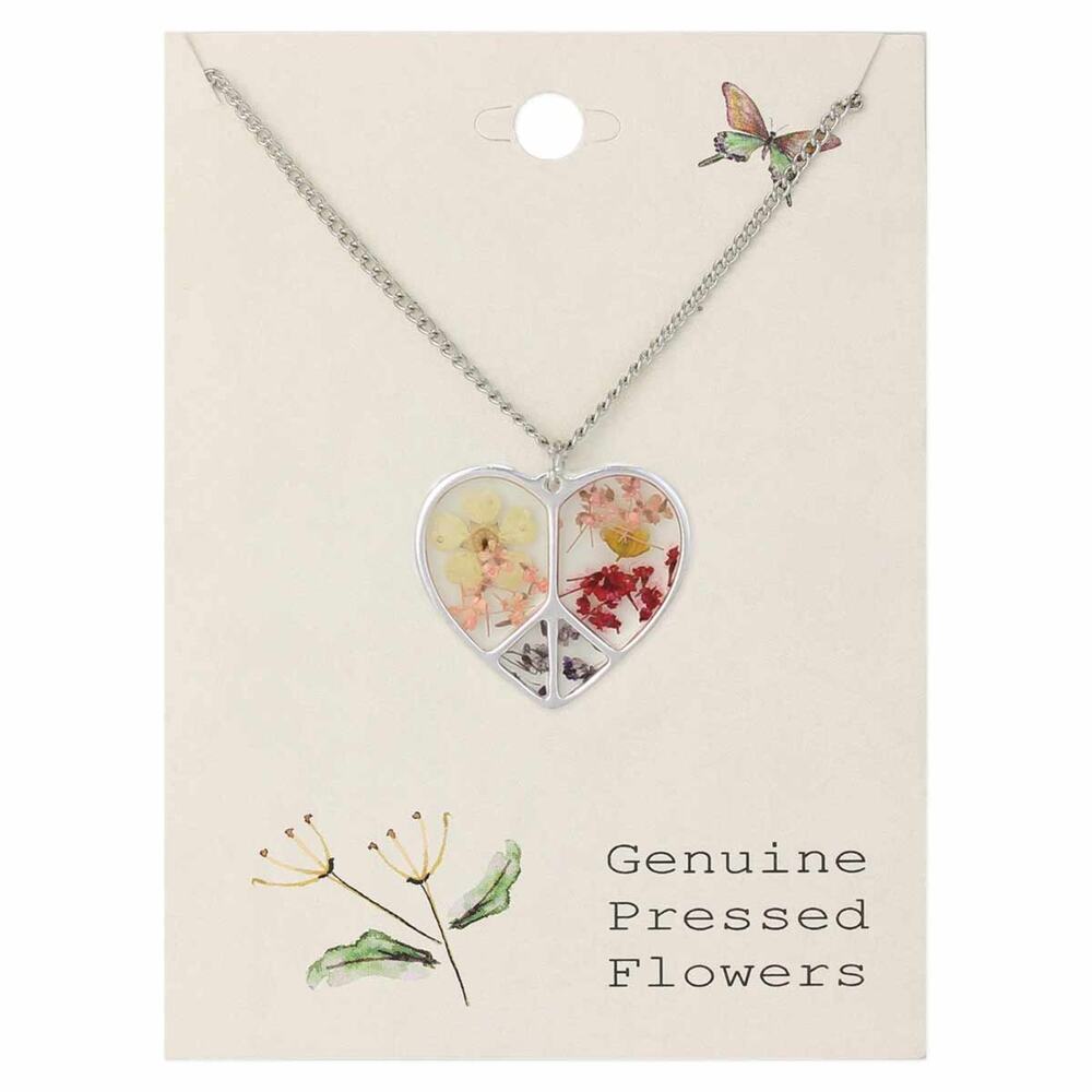 Pressed Flower Peace Heart Necklace — Silver